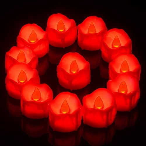 PChero LED Teelichter mit 6 Stunden Timer, 12er Set Elektrische Flammenlose LED Rote Kerzen Flackernde Flamme mit Batterie und Timerfunktion für Halloween Party Silvester Kürbis Deko Weihnachten
