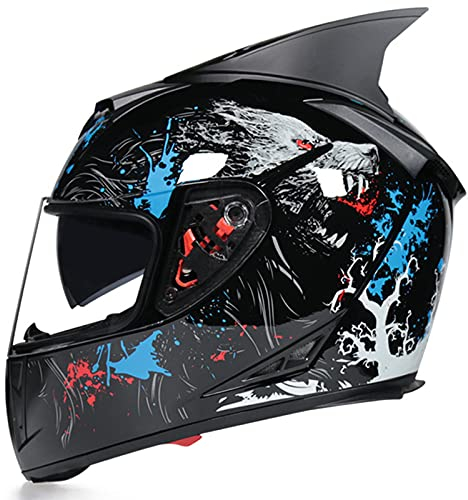 Cat Ears Integralhelm Helm Motorradhelm Motorradintegralhelm mit integrierter Sonnenblende und klappbarem Visier Herren Damen Adult Motorrad Helm,Blau,L 58~59cm