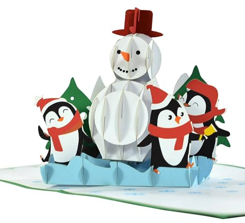 Joyous Christmas Snowman and Penguins 3D Pop Up card.A Delightful holiday surprise greeting card gift for kids, friends, family and loved ones. For Christmas decor and parties.15cmx15cm