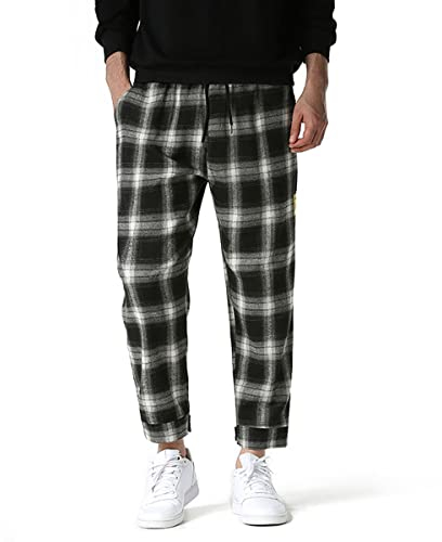 ENLACHIC Herren Casual Print Jogger Sweatpants Leinen Baumwolle Elastische Taille Kordelzug Tasche Lange Hosen, Black Plaid, XX-Large