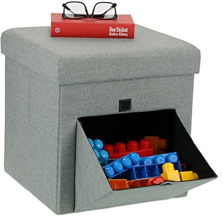 Relaxdays Sitzhocker, Klappe & Deckel für Zugang zum Stauraum, faltbare Aufbewahrungsbox, HxBxT: 38 x 38 x 38 cm, grau