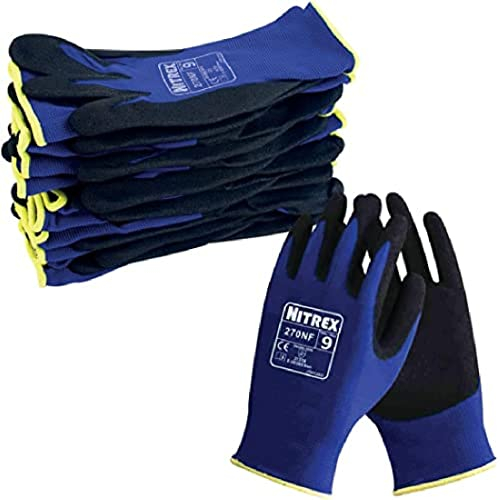 NITREX 270NF 10 Pairs of Gardening Gloves, Sandy Nitrile Palm Coating, Abrasion and Tearing Protection, Reduces Hand Fatigue, Blue/Black, Size 8