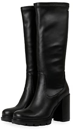 Stivali Alti Neri da Donna weidingen, a Punta Arrotondata con Plateau Track e Tacco Alto.