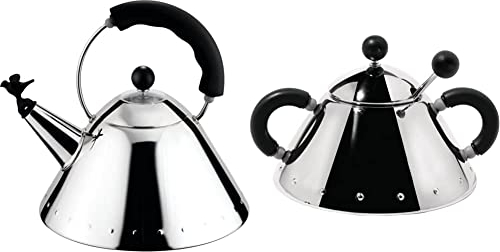 Alessi 9093 B Bollitore con Manico e Fischietto a Uccellino di Design in Acciaio Inox, Nero & 9097 B Zuccheriera con Cucchiaino in Acciaio Inossidabile 18/10 Lucido, Manici e Pomolo in PA, Nero