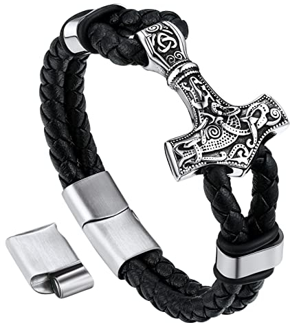 Bandmax Faux Lederarmband für Männer 21 CM schwarz Wachsschnur Armband mit Edelstahl Thors Hammer Manschette Armband mit Magnet Verschluss Modeschmuck Accessooire