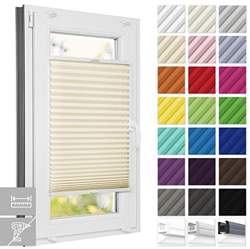 Estika Custom Plissee ohne Bohren - Premium Kollektion 23 Stoff Farben - Breite 30-129 cm, Höhe 150-230 cm - Klemmfix 8 bis 28 mm - Schnelle und einfache Montage - Rollos für Fenster
