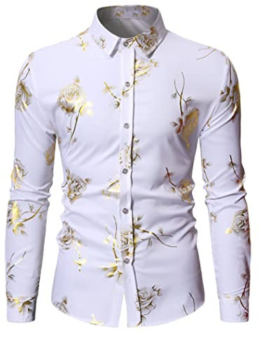 JIER Hommes Chemises Imprimées Or Manches Longues Roses Floral Brillant Satin Robe Chemise Décontracté Fantaisie Mode Motif Fête De Bal Chemises Grande Taille Européenne (Blanc,M,M)