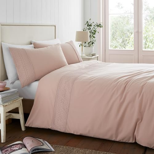 Catherine Lansfield Bettwäsche-Set mit Lochstickerei, für Einzelbett, mit Kissenbezug, Blush Pink