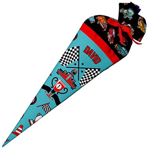 Ferocity Schultüte Auto mit Namen für Jungen, Personalisierte Tüte, 70 cm Zuckertüte aus Stoff mit runde Papprohling und Füllung aus Silikonkügelchen, große Tüte als Kissen [149]