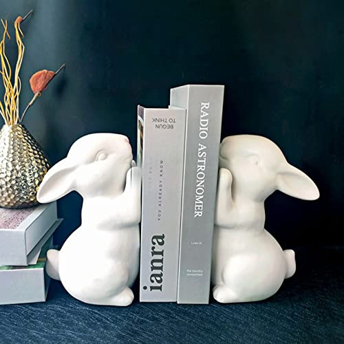 Teahutty Lot de 2 serre-livres en céramique en forme de lapin - Support de livre - Figurines d'animaux - Étagères de rangement - Serre-livres robustes pour la maison, le bureau