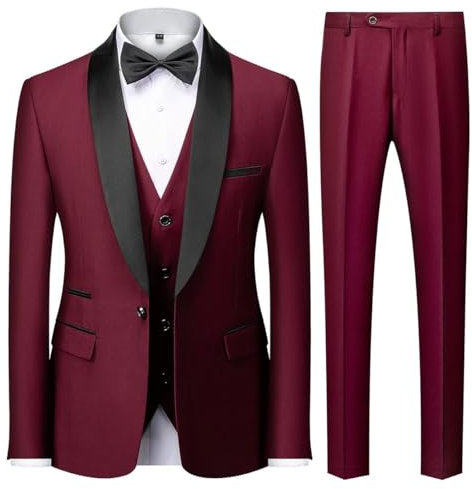 KUDMOL Costume Homme 3 pièces Mariage Slim Fit Smoking d'affaires à Un Bouton Men Suits 3 Piece Couleur Unie pour Fête Confort Blazer Veste et Pantalon Gilet(Bordeaux,XL)