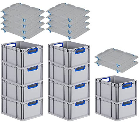 PROREGAL SuperSparSet 10x Eurobox NextGen Color mit Auflagedeckel & Schiebeschnappverschlüsse, HxBxT 22x30x40cm, 20L, Griffe blau offen, Glatter Boden, Eurobehälter Transportbox Transportbehälter