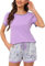 Litherday Pigiama Donna Estivo in Cotone Completo Due Pezzi con Maglia a Girocollo e Pantaloncini Morbido e Leggero per Casa e Notte Pigiami Donna A1-Viola M