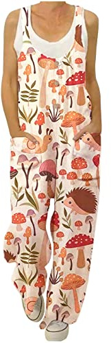HAOLEI Dungarees for Women UK Plus Size 20-22 Straight Leg Stretchy Floral Jumpsuits Mushroom Owl Print Baggy Playsuits Summer Beach Boho Sleeveless Suspenders Jumpsuit Party Ladies Dungarees Sale