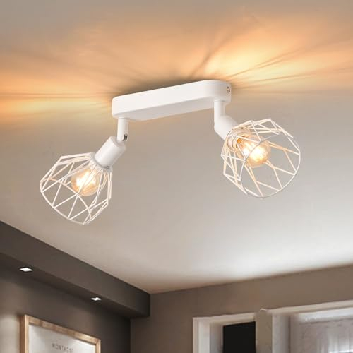 ANWIO Lámpara Techo Focos, 2 Focos Led Interior Techo Base E14, Apliques Techo Focos Blanco con Base Rectangular, Giratorios Plafón Foco de Techo LED(Sin Bombillas).