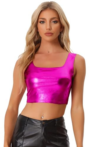 Allegra K Top corto da donna canotta con scollo a U senza maniche party Clubwear lucido metallizzato, Rosa acceso, S