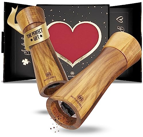 BUTLERBELL® Englisch | Salz und Pfeffermühle Holz in Luxus Geschenkbox mit Herz ideal als Hochzeitsgeschenk | Geschenke zur Hochzeit | Hochzeitsgeschenke für Brautpaar | Einweihungsgeschenk (Cupidon)