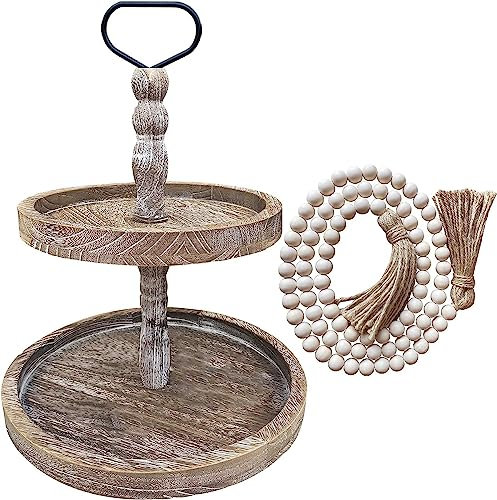 Super Idee 2 Ebenen OVAL Holz Tablett mit Holzperlen Girlande Vintage Distressed Holz-Finish mit rustikalem Tragegriff Bauernhaus und Boho Style Stufentablett Dekotablett Dekoschale (Grau)
