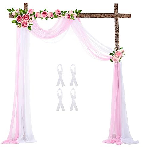 Wedding Backdrop Tulle Tenda 2 pannelli 600x75cm Arco Drappeggio Voile Chiffon Tessuto Drappeggio Tende Arbor Drappeggio per di Cerimonia di Matrimonio Ricevimento Party Soffitto Decor, Bianco e rosa