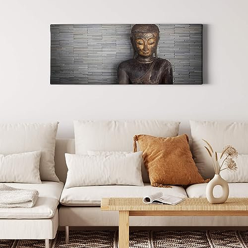 A.S. Création Leinwandbild Religion Buddha Statue - Kunstdruck braun grau - 100x40 cm Querformat - moderne Wanddekoration Schlafzimmer Wohnzimmer Küche - Bild auf Keilrahmen