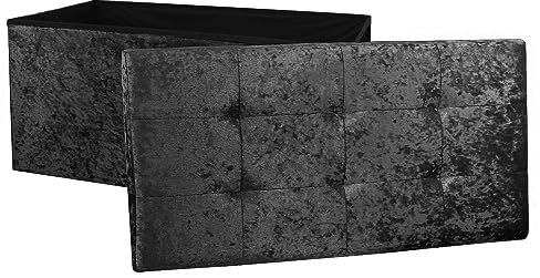 DANIEL JAMES Housewares Large Fold Flat Ottoman Storage, Black Velvet Velour Finish, Double Size, 76cm (L) x 38cm (W) x 38cm (H)