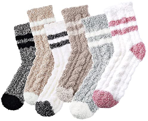 Loiyadn Flauschige Socken für Damen, flauschige und gemütliche Hausschuhsocken für Damen, Mehrfarbig, 6 Paar, Einheitsgröße