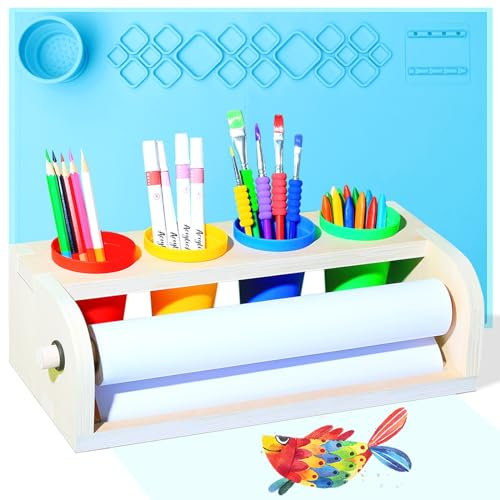 ARFETIGO Tisch-Papierrollenspender $ Silikon-Malmatten-Set (1 x Schreibtisch-Papierrollenspender, extra große Silikon-Malmatte mit Becher, 1,15 m Papierrolle, 5 x Kinder-Malpinsel) (blau)