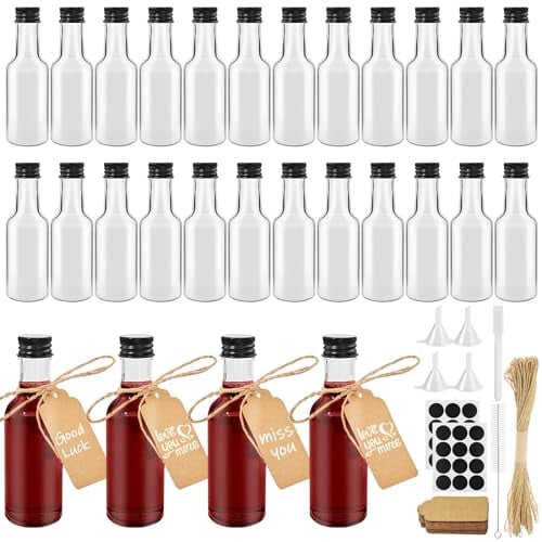 Furuising 28 Pack Mini Liquor Bottles 50ml/1.7 Oz, Reusable Miniature Alcohol Bottles, Empty Plastic Bottles for Alcohol with Screw Cap, Pen, Hangtag, Funnel for Weddings Parties Favors