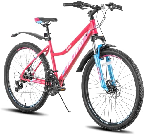 Hiland 26 Zoll Damen Mountainbike, mit Step-Through-Rahmen, 21 Gänge Federgabel MTB Fahrrad für Frauen Männer Erwachsene Rosa