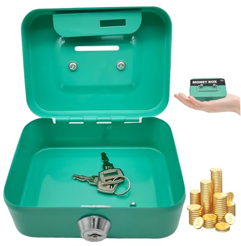 Cash Boxes with Keys, 4.5 Inch Iron Lockable Money Box with Coin Slot, Safe and Sturdy Petty Cash Tin Coin Bank with 2 Keys Gifts Small Lock Box with Key Cash Box with Lock for Kids Adults Green