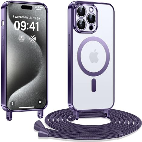 Kokio Coque pour iPhone 15 Pro Max avec Cordon, Etui à Transparente Housse Compatible avec MagSafe, Antichoc Protection Coque pour Magnétique avec Réglable Collier, Violet