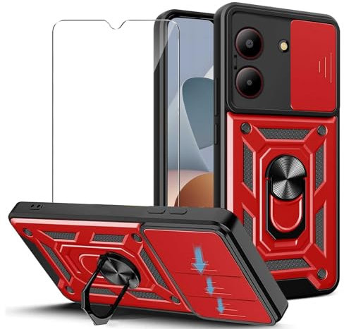 JDXHFF Cover Compatibile con ZTE Blade A54 (6.6) e 1 Pezzi Pellicola Protettiva in Vetro Temperato - Hard PC e Silicone TPU Custodia con Supporto Girevole a 360° Protezione Case Rosso