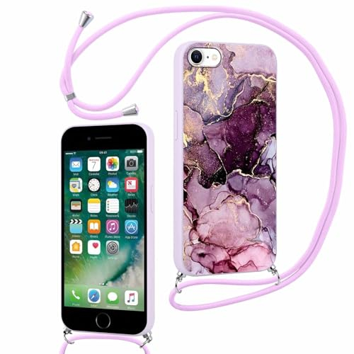 ZhuoFan Coque avec Cordon pour iPhone 8/7/iPhone SE 2022/2020 4,7 avec Motif Marbre Violet Case, Aesthetic Silicone étui avec Collier Corde Souple TPU Antichoc Housse de Protection pour Femmes, 17
