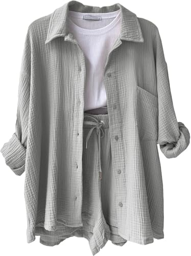 DHYUEN Sport Outfit Damen Set Oversize Loungewear Damen Sommer Outfit Sommershirt Set Einfrabige Button Down Shirt Sommerbluse Damen Set Hose Und Oberteil Lounge Set Trachtenbluse(2-Light Gray,S)