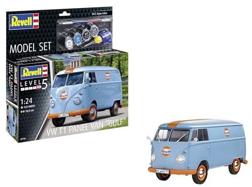 Revell Modellbau, Model Set VW T1 Panel Van (Gulf Decoration), Bausatz, Maßstab 1:24, 124 Teile, Bastelset ab 13 Jahren, Detailgetreues Modell, Transporter, Authentische Nachbildung