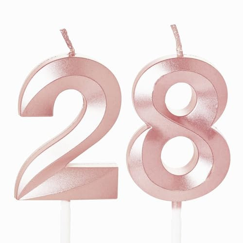 Rose Gold Number 28 Candles for Birthday Cake, 28th Birthday Candles 28 Birthday Candles 28th Candles for Cake, 28th Birthday Cake Candles Cake Toppers for 28 Year Old Her Women Rose Gold