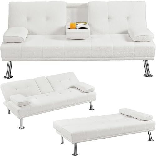 Yaheetech Divano Letto con 2 Braccioli Staccabili Divano Trasformabile Mobile Imbottito a 3 Posti Divanetto Reclinabile da Salotto con Supporto Centrale Porta Bicchieri Avorio/Tessuto