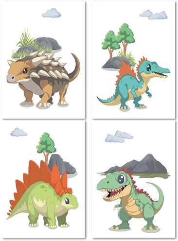 Vacentures Kinderzimmer Dinosaurer Poster Set Berge I 4x Wandbild Deko Jungen Mädchen für Spielzimmer I Dino Posterset (Dino, Berge)