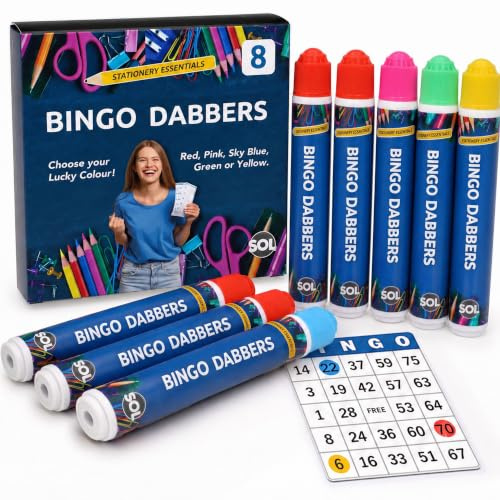SOL 8pk Bingo Dabbers - Bingo Pens - Dot Markers and Paint Dabbers | Bingo Markers for Games, Arts & Crafts - 8 x 13ml Easy-Grip Dabber Pens in 5 Bright Colours