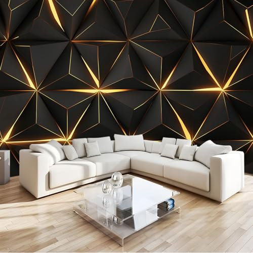Papier Peint Mural Chambre Géométrie Noire Dorée Triangle 200x140 cm Poster Geant Mural 3D Tableaux Muraux Tapisserie Photo, Salon Chambre d'enfants Mur de Fond Papier Peint Panoramique