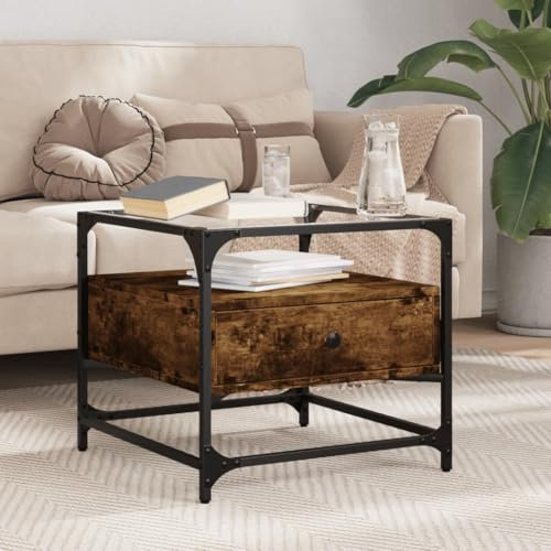 Tables d'appoint Table basse avec plateau en verre Chêne fumé 50 x 50 x 45 cm Acier