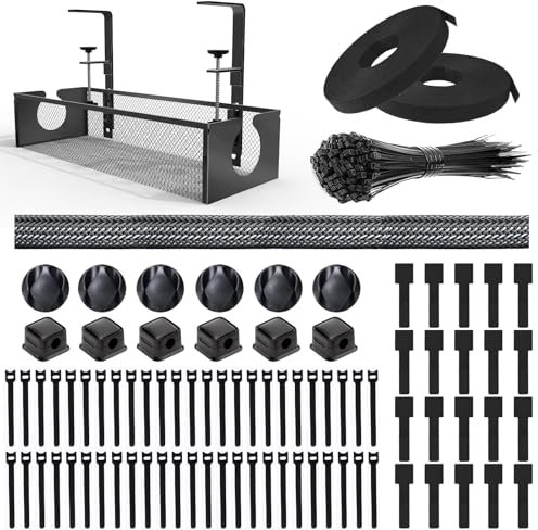 ENGYNC 190Pcs Cable Management Organizer Kit, 1 Under Desk Cable Management Tray, 78” Cable Sleeve Split, 12 Cord Clips Holder, 20 Adhesive Wall Cable Tie, 100 Fasten Cable Ties for TV Office Home