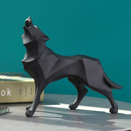 SHZMJL Abstrakte geometrische Wolfskulptur, Tierstatuen, Kunstfiguren, Harz, Wolfs-Ornament, Heimdekorationen für Wohnzimmer, Bücherregale, Barschränke (Schwarz)