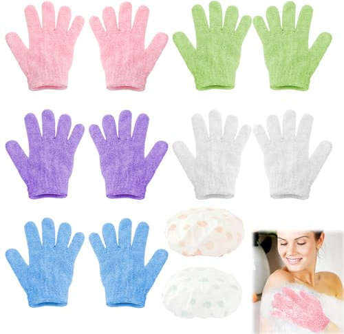 HENGBIRD 10 Stück Peelinghandschuh und 2 Duschhaube, Exfoliating Gloves Massage Handschuh Duschhandschuh Handschuh Körperpeeling Waschhandschuh Körper für Frauen Dusche Spa Massage