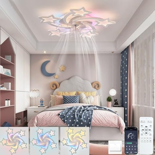 Lrenjon 69CM Niños Ventiladores De Techo Con Luz Y Control Remoto 72W Moderno Lampara Con Ventilador Techo Dormitorio Para Niñas LED Regulable 6 Velocidades RGB Motor CC Reversible Para Salon Comedor