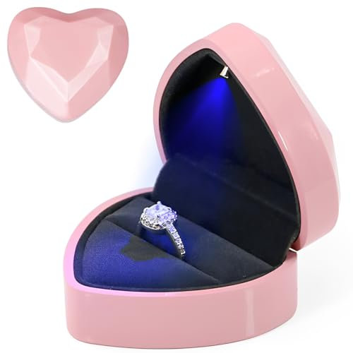 ZOMKIFA Scatola Anelli con Luce a LED, Scatola Anelli di Velluto, Scatolette Regalo di Gioielli, Scatola Decorativa Anelli, Scatola Anelli Cuore per Fidanzamento Proposta Matrimonio Natale (Rosa)