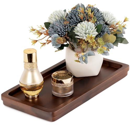 Demigo Bathroom Vanity Tray, Dark Brown Acacia Wood Tray, 11.8 x 5.9 in | Wooden Countertop Organizer for Cosmetics Jewelry Candle & Keys, Decorative Tray for Toilet Tank, Kitchen & Sink Decor