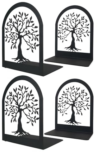Tree of Life Decorative Book Ends, Heavy Duty Metal Bookends, Black Book Support for Shelves, Anti Scratch & Non-Skid School Library Book Organizer for Home Office Desk, Student Bookworms Gift,2 Pair