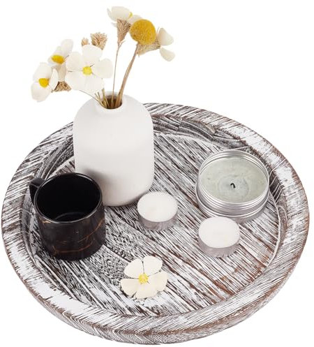 GORGECRAFT Rustic Wooden Serving Tray Wood Jewelry Plate Decorative Coffee Table Tray Washed White Round Storage Holder Circle Centerpiece Decor for Home Living Dining Room Kitchen Counter Bathroom