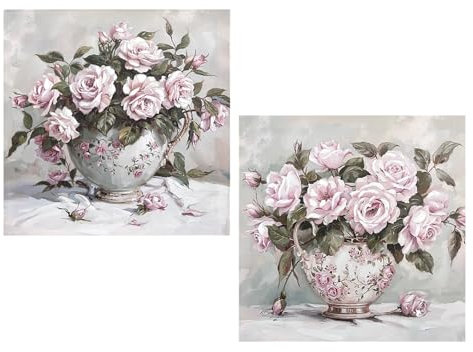 DRW Quadro tela Vaso con fiori dipinto a mano in rosa e verde, 40 x 3,5 x 40 cm
